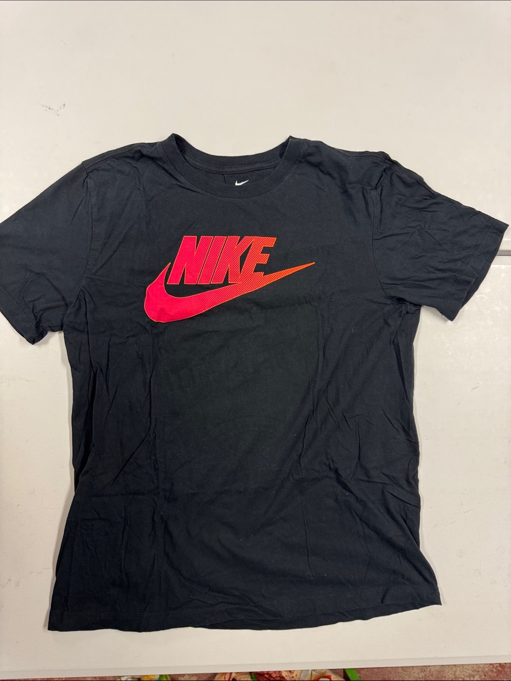 Nike Men’s Black Short Sleeve Tee with Red-Orange Swoosh